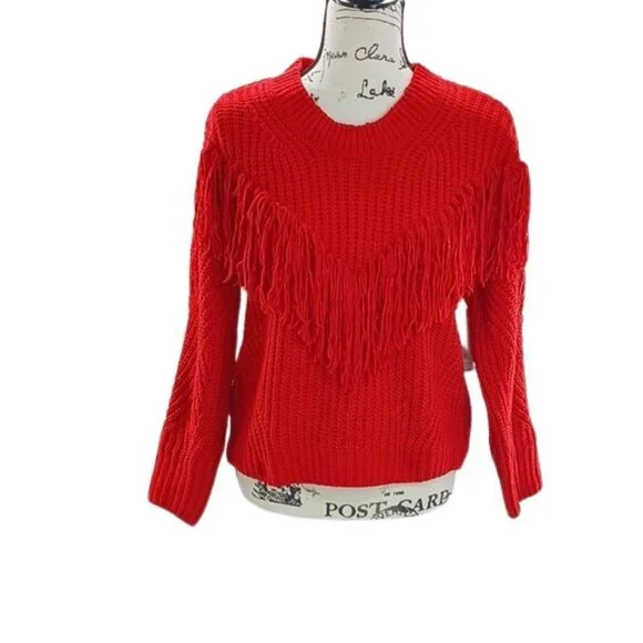No Boundaries Fringe Sweater Red Yarn Knit Crew Neck Casual Womens XL - Picture 2 of 8